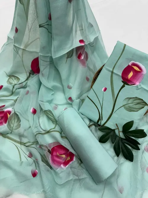 Hand-Painted Cotton Suit Set with Flowing Chiffon Dupatta